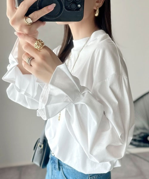 ひとさじの甘さ。微光沢仕立て、シルケット加工ハイネックキャンディスリーブTシャツ（長袖） ce1020306