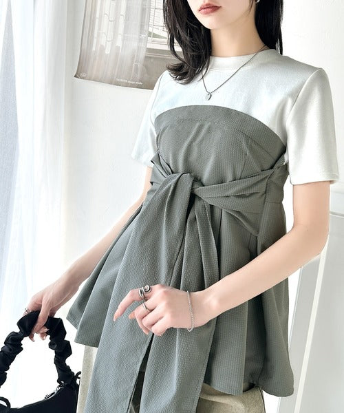 一枚でトレンドコーデが完成♪ビスチェ風2wayリボン使いサッカー素材ドッキングトップス（半袖） ce1020193