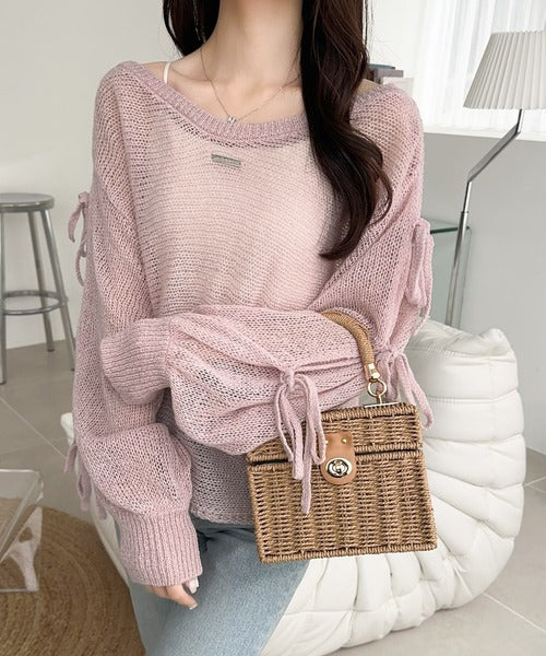 【mily bilet】大人のきらめき。プレートデザイン透かし編み袖リボンラメニット(ワンオフショル2way) mi1259009