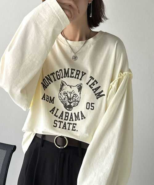 レディなヴィンテージスタイル。綿100％カレッジピグメント袖フリルTシャツ ce1020221