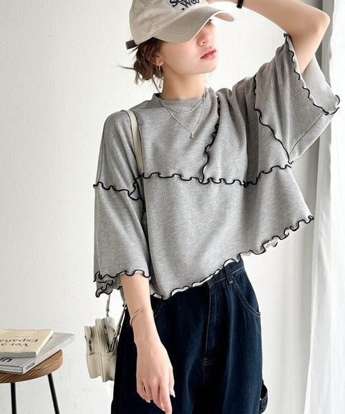 Tシャツより可愛く、スウェットより軽やか♪5分袖メロウ切替裏毛トップス ce1020310