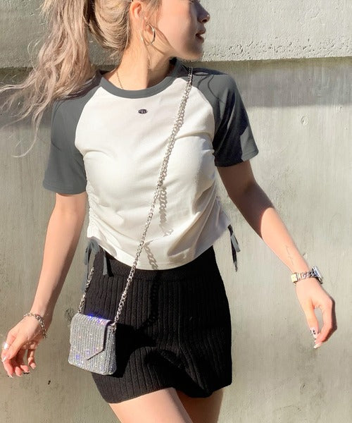 【mily bilet】サイドの絞りが可愛いさプラス。プレート使いラグランTシャツ（半袖） mi1329027