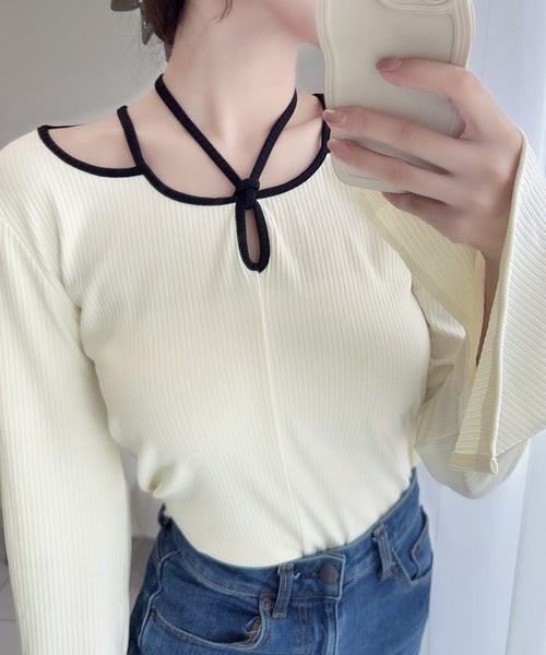 【mily bilet】程よい肌見せで女性らしく。チョーカー使いパイピング配色袖フレアカットソー mi1249001