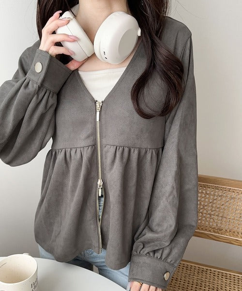 【mily bilet】大人フェミニンな雰囲気。スウェードポンチへプラムダブルジップジャケット mi1019061