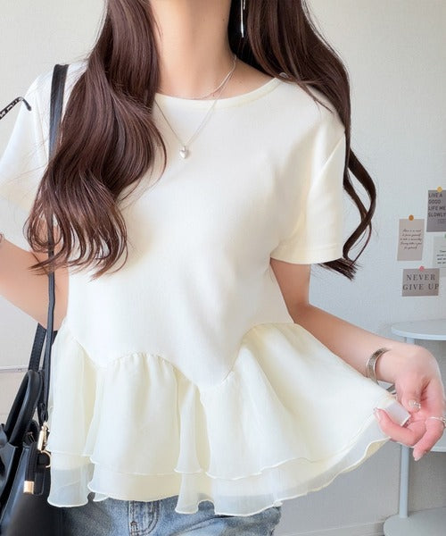 【mily bilet】可憐に揺れて、ときめきを纏う♪前後2wayペプラム切替フリルデザインTシャツ（半袖） mi1019140