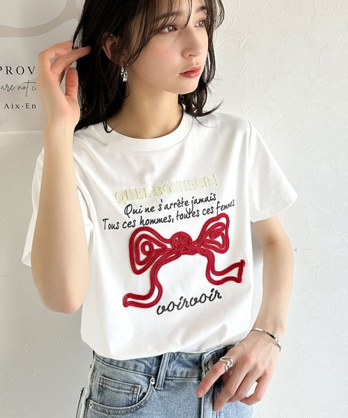 【mily bilet】華やか大人ガーリー。リボンコード刺繍プレートデザインTシャツ mi1329025