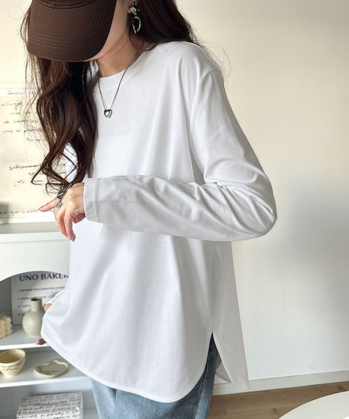 品よく、楽ちん。大人の余裕が漂う。シルケット素材 レイヤード ラウンドヘム 長袖 ロンTEE ce1020296