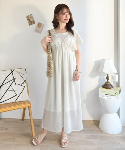【mily bilet】甘さを抑えて上品に華やぐ。ナチュラルムードな レース使い楊柳フレアワンピース mi1019130