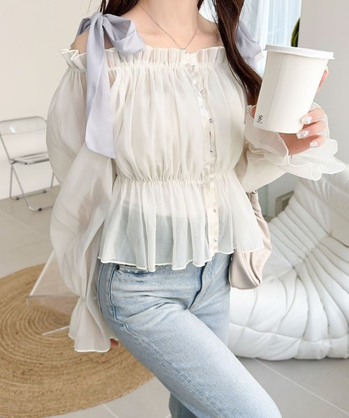 【mily bilet】大人愛され甘め主役級トップス。肩リボンオフショル２WAYオーガンジーブラウス(長袖) mi1359008