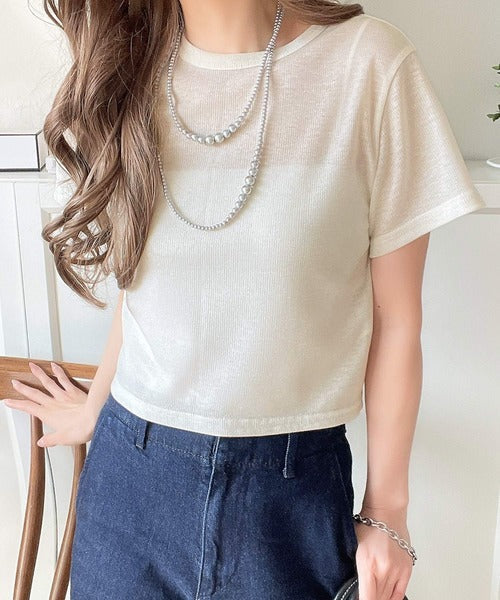さりげなく輝くラメが主役。ラメ入りショート丈Tシャツ（半袖） ce1110124