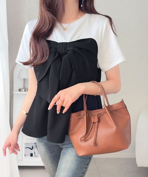 【mily bilet】一枚でサマになる。 フロントリボン布帛コンビ半袖Tシャツ mi1269018