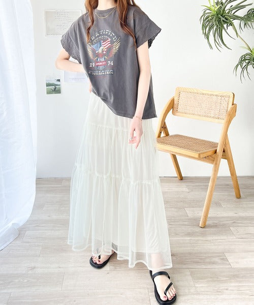 《Javaジャバコラボ》ヴィンテージライクなデザイン。綿100％袖レースピグメントロックTシャツ jv1050164