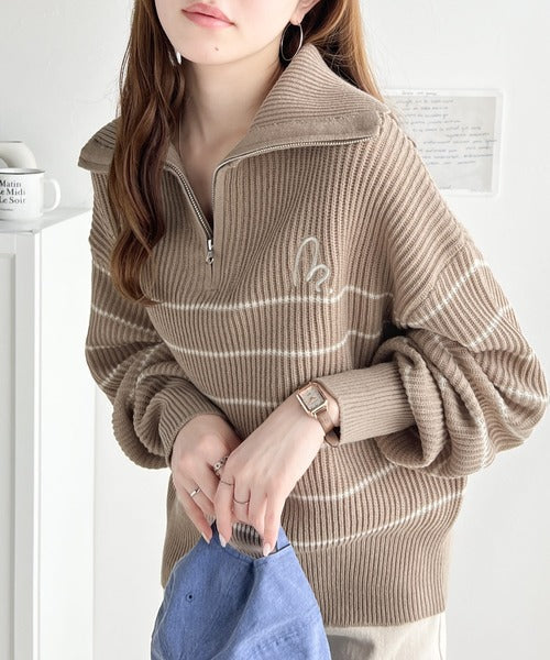 【mily bilet】キュンと大人可愛いボーダーニット。胸刺繍ハーフジップニット mi1029043