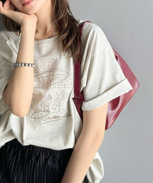 綿100%メンズライクヴィンテージウォッシュ☆前後2way刺繍ワイドネックTシャツ ce1260421