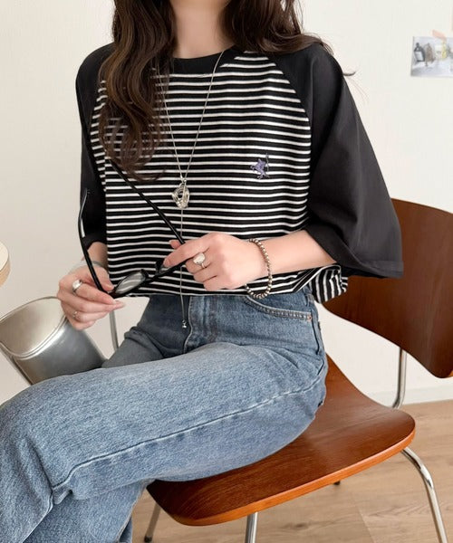 《JaVaジャバコラボ》お洒落迷子の救世主。綿100％胸刺繍ラグラン配色ボーダーTシャツ jv1260558