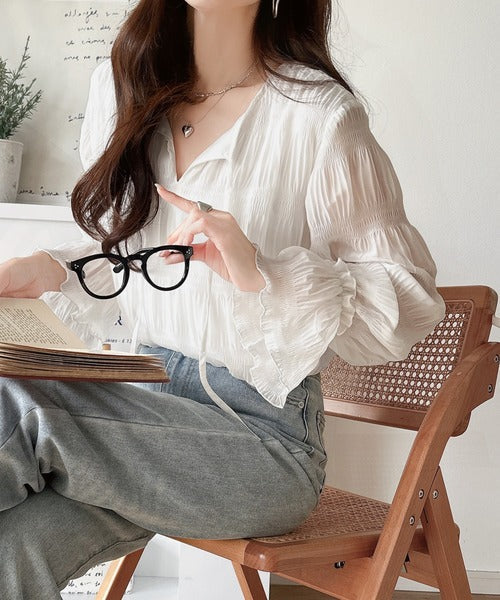 涼やかに、品よく、愛らしく。前後2wayリボンキャンディスリーブシアープリーツブラウス（長袖） ce1010538