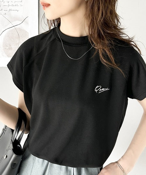 キレイめ大人のフレンチ袖。胸刺繍ラグランモックネックフレンチTシャツ ce1010311