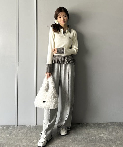【mily bilet】ニット×チェックプリーツで叶える！旬のレイヤードスタイル♪異素材切り替えニットプルオーバー mi1139095
