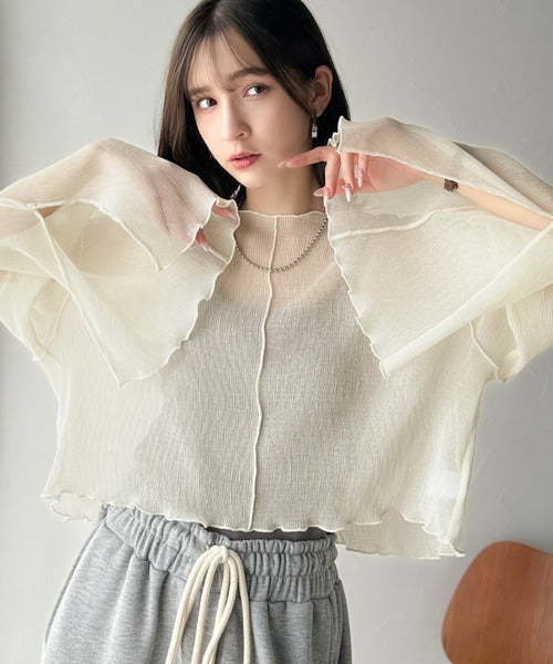 大人の上品な透け感を纏う。前後2wayシアー楊柳素材フレアスリーブブラウスカーディガン（長袖） ce1240083