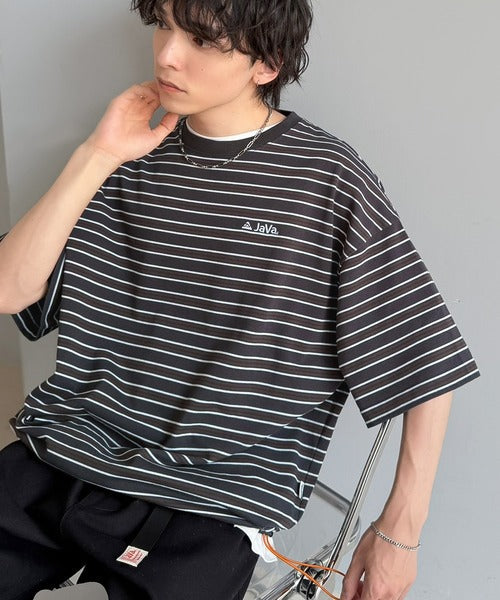 《JaVaジャバコラボ》【抗菌防臭機能付き】配色裾ドローコード付き 綿100％マルチボーダーTシャツ（オーバーサイズ） jo1150090