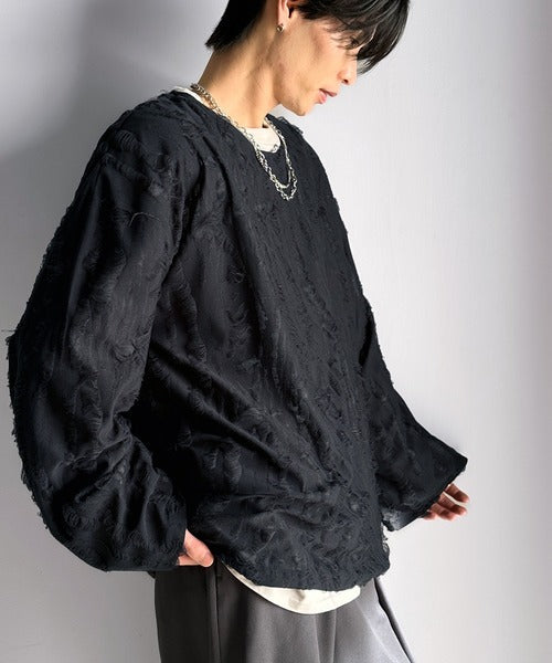 グランジを楽しむ旬スタイル。ダメージ加工ビッグシルエットジャカードカットソーTシャツ（長袖） cm1010420