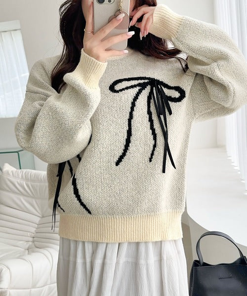 【mily bilet】大人の甘さ、ほんのりプラス♪リボン使いジャガードニットプルオーバー mi1329042