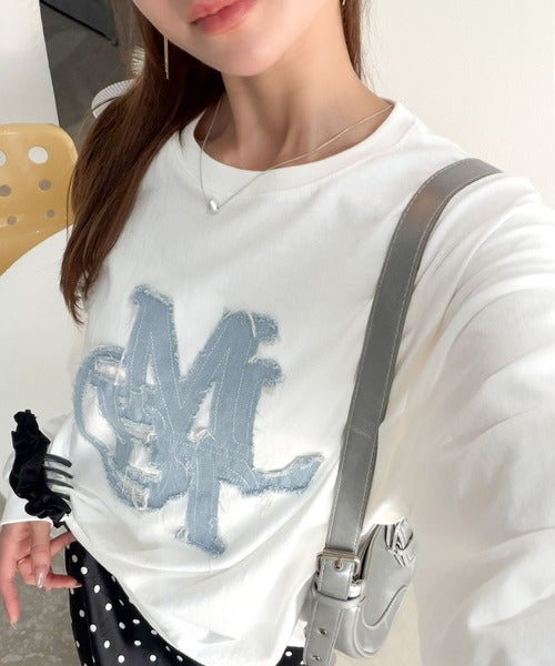 【mily bilet】"秋もこの子と一緒♪"ヴィンテージライクな存在感。ドットデニムフリンジワッペン使いロンT(長袖) mi1329133
