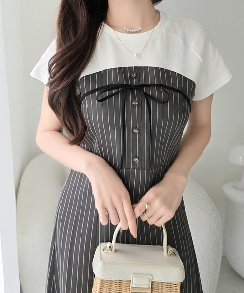 【mily bilet】こなれ感抜群の最旬レイヤード。Tシャツレイヤード風 ストライプドッキング フレアワンピース (ロング丈) mi1019129