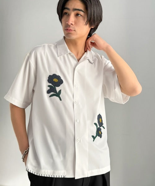 【接触冷感機能付き】サガラ刺繍フラワーステッチシャツ／Cool-Touch Fabric Sagara Embroidered Flower Stitch Shirt (半袖) co1320019