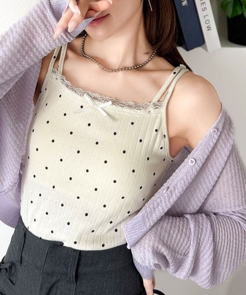 【mily bilet】１枚で今っぽデザイン。小花柄ダブルストラップリボンカップ付きレースキャミソール mi1019081