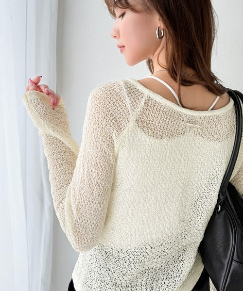 【mily bilet】大人かわいい肌見せを叶える。プレートデザイン前後2WAYメッシュ編み肩リボンニットプルオーバー（長袖） mi1259014