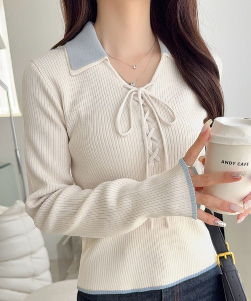【mily bilet】大人可愛いは、引き算しない。ダブル襟配色レースアップリボンニットトップス（長袖） mi1359090