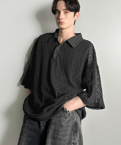 「透け感、モードの余韻。」衿ダブルライン使いレース柄ニットポロシャツ/Lace Detail Knit Polo Shirt co1010010