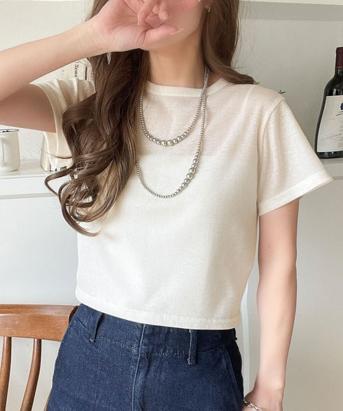 さりげなく輝くラメが主役。ラメ入りショート丈Tシャツ（半袖） ce1110124
