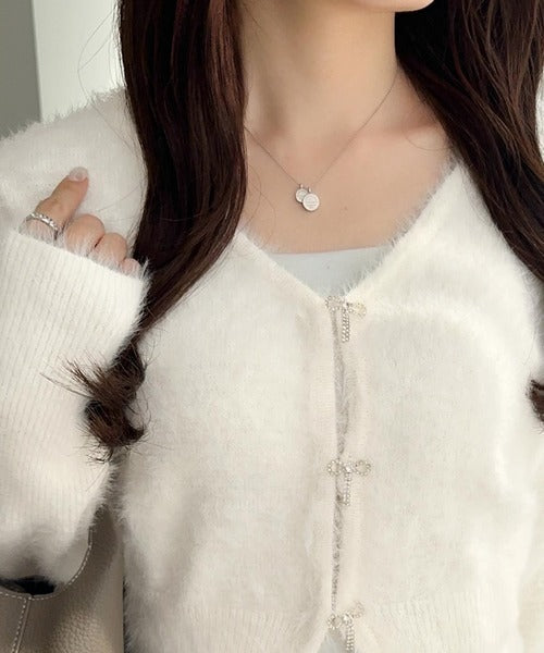 【mily bilet】ふんわり大人かわいい♪ビジューリボンボタンシャギーニットカーディガン（長袖） mi1029141