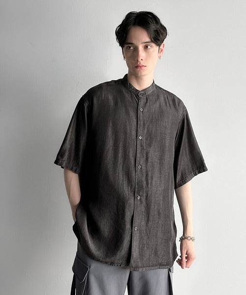 Rayon Denim Band Collar Relaxed Shirt／ヴィンテージ加工ルーズフィットデニムシャツ co1150011