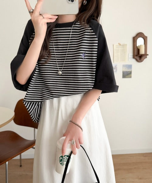 《JaVaジャバコラボ》お洒落迷子の救世主。綿100％胸刺繍ラグラン配色ボーダーTシャツ jv1260558