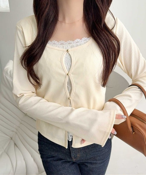 【mily bilet】重ね着風デザインで華やかに♪ レースキャミフェイクレイヤードトップス mi1329070
