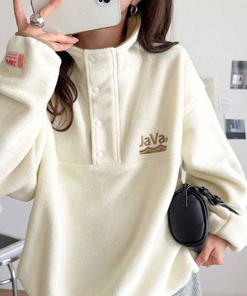《JaVaジャバコラボ》ふんわり暖か。軽量配色フリースハーフジッププルオーバー（オーバーサイズ） jv1240141