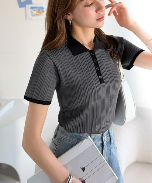 【mily bilet】オン・オフ使えて、春夏コーデにピッタリ。金縁ボタン使いバイカラーリブポロニット(半袖) mi1029197