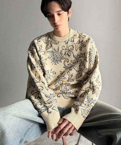 【classical origin】視線を奪う、ジャガード花柄ニット／Jacquard Floral Knit Sweater ao1020311