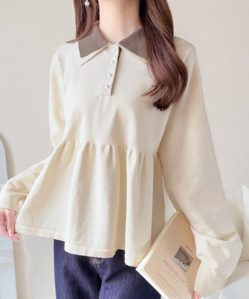 【mily bilet】衿でときめき、裾で華やぐ。パール調ボタン配色ダブルカラーペプラムニット（長袖） mi1359072