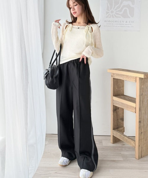 【mily bilet】大人かわいい肌見せを叶える。プレートデザイン前後2WAYメッシュ編み肩リボンニットプルオーバー（長袖） mi1259014