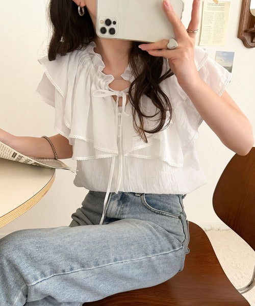 【mily bilet】マルチウェイで360度どこから見ても可愛い！ギャザーフリルリボンブラウス（半袖） mi1019132