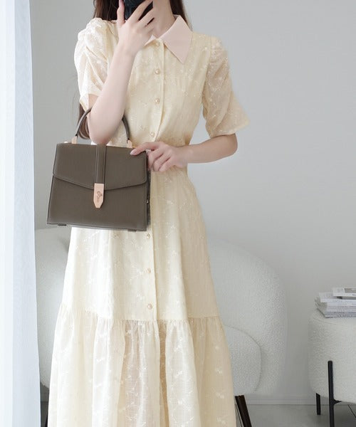 【mily bilet】おしゃれと高級感の絶妙なバランス。花刺繍ガーゼレトロシャツワンピース mi1139086