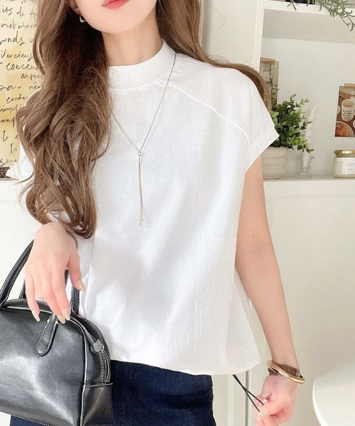 綿100%USAコットン。大人のモックネックフレンチラグラン裾ドロストシンプルTシャツ ce0780080