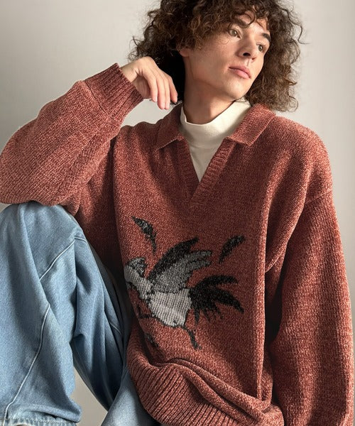 【Classical Origin】「個性で遊ぶ。」モール糸使いルースター柄襟付きVネックセーター／Chenille Yarn Rooster Motif Collared V-Neck Sweater co1150075