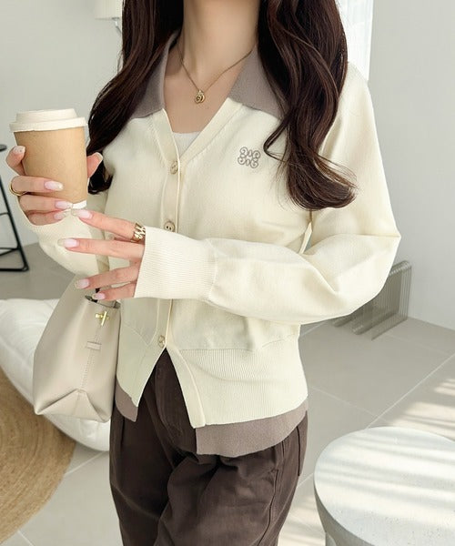 【mily bilet】着るだけ完成、コーデ迷子にさよなら♪胸刺繍ダブルカラーレイヤードニットカーディガン（長袖） mi1359021