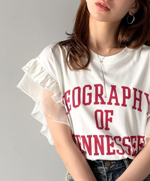 【mily bilet】可愛さふわり2倍増し！ ダブルフリル袖カレッジライクロゴゆるTシャツ mi1329036