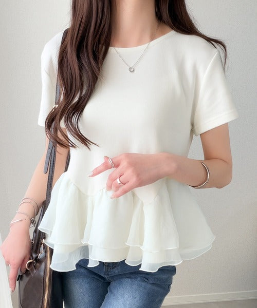 【mily bilet】可憐に揺れて、ときめきを纏う♪前後2wayペプラム切替フリルデザインTシャツ（半袖） mi1019140